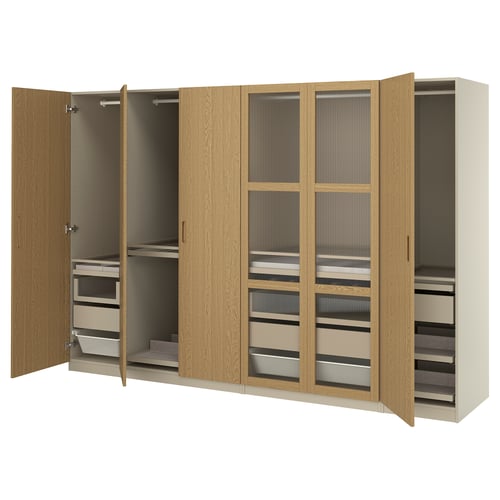 PAX / TONSTAD Kledingkastcombinatie, grijsbeige/eikenfineer, 300x60x201 cm