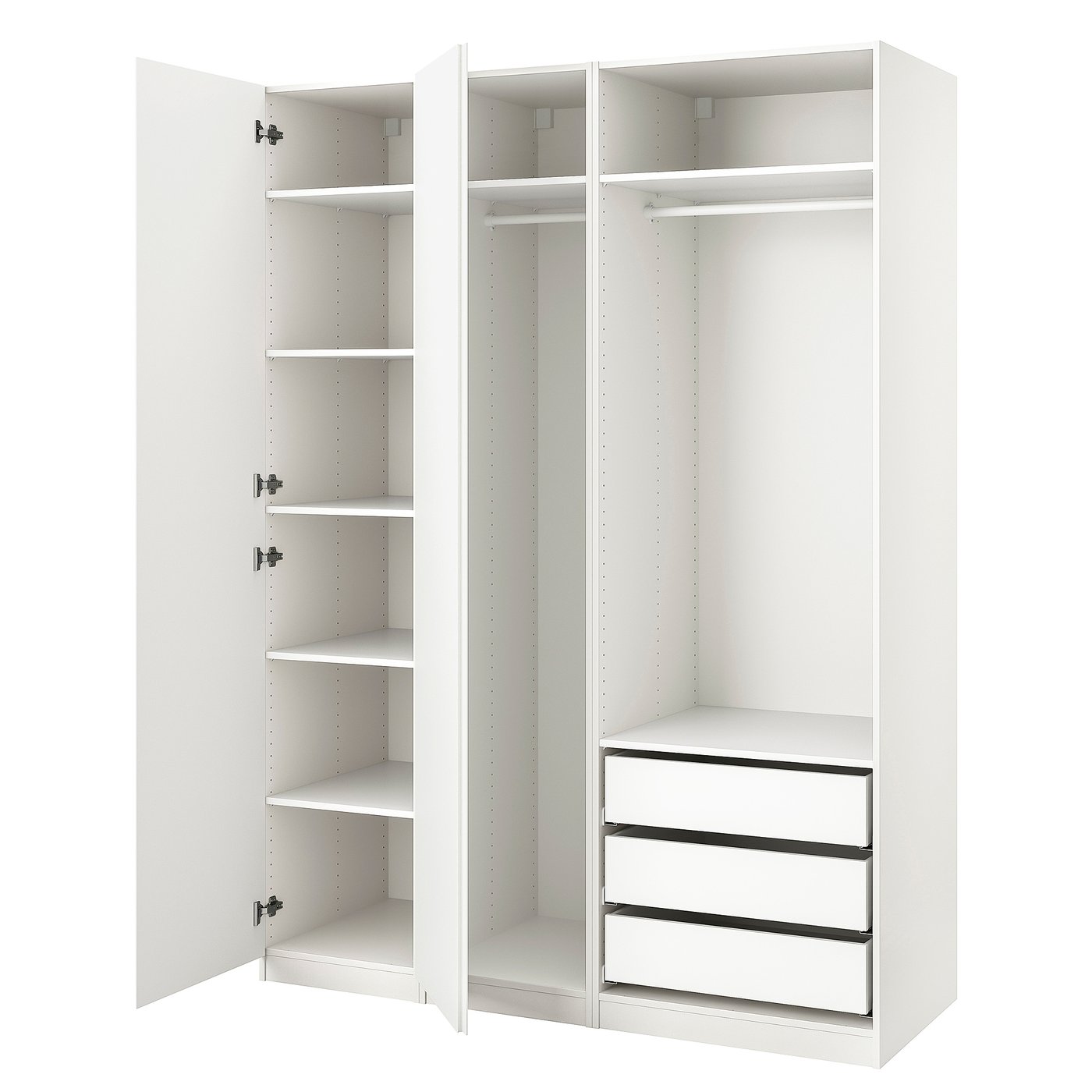 Een witte PAX kledingkast met open deuren, planken, een ophangroede en lades.