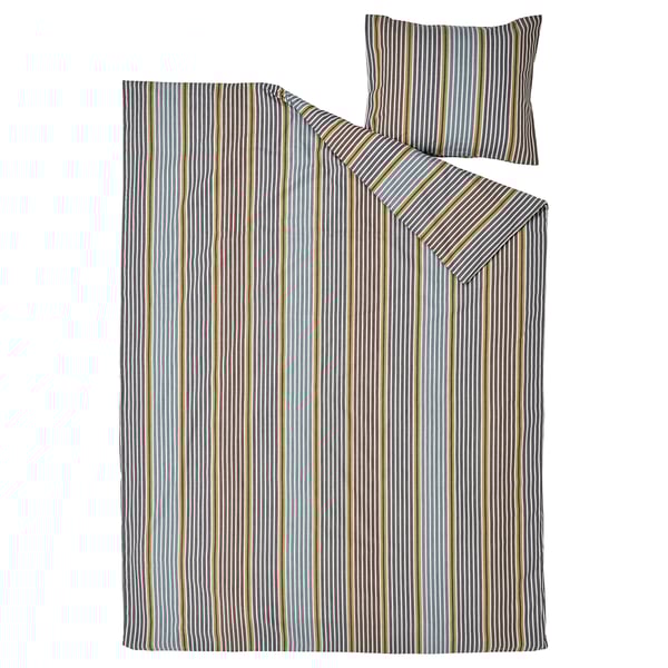 Gestreept beddengoed set met kussen, 100% groenachtig blauw en geel katoen, patroon.