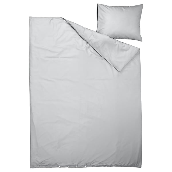 Plat grijs beddengoed. Inclusief dekbed met knoopsluiting en kussensloop. Lichtgewicht, gerecycled polyester en viscose.