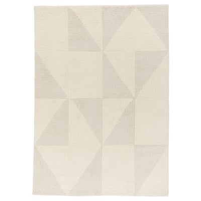 PLANKORSNING tapijt, beige met grijze driehoeken, wol en katoen, rechthoekig, geometrisch patroon.