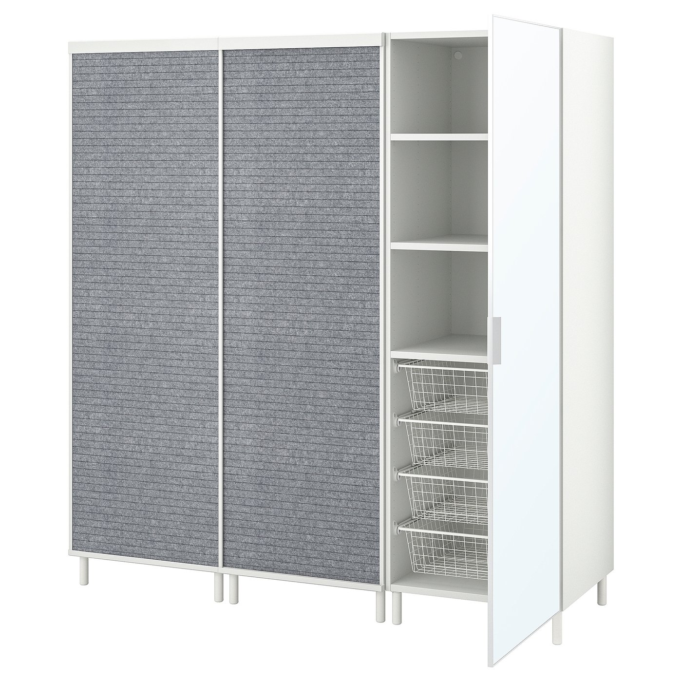 PLATSA Kledingkast m 2 schuifdeuren+1 deur wit Larkollen/donkergrijs STRAUMEN spiegelglas 180x57x191 cm