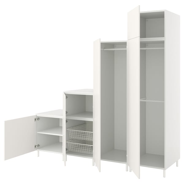 Wit PLATSA opbergmeubel met planken, kasten en kledingkast, modern minimalistisch design.
