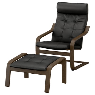 POÄNG Fauteuil en voetenbank, walnootpatroon/Grann zwart