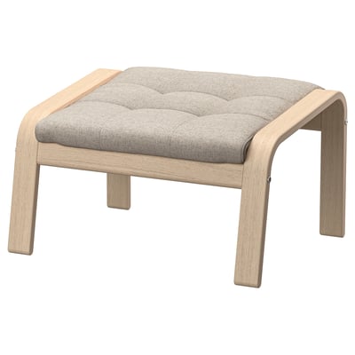 POÄNG poef, lichtbeige kussen op eiken frame, gebogen, getuft design.