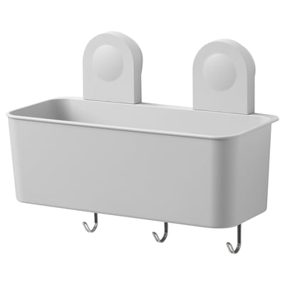 Een witte RÅNEN opbergmand voor de badkamer met zuignappen en haken om spullen aan op te hangen.