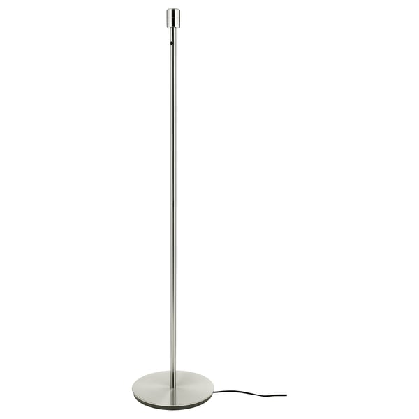 Moderne nikkel vloerlamp, RINGSTA, met ronde voet en witte kap.