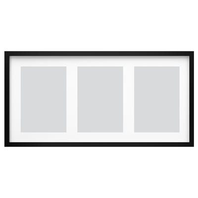 Zwarte rechthoekige RÖDALM fotolijst, strak design, geschikt voor 3 afbeeldingen, kunststof voorbeschermer.