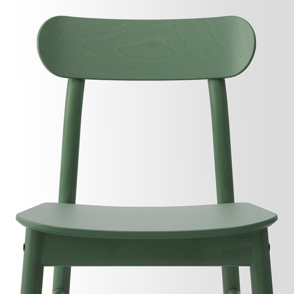 Moderne, groene houten stoel met gebogen rug en zitting. Stevig & comfortabel; Perfect om te dineren.