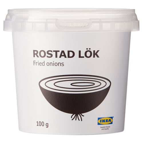Afbeelding toont een container met ikeas rostad lok, gebakken uien, met een gewicht van 100 g.