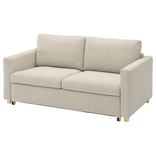Een beige SALTSJÖBADEN slaapbank met een strak, rechthoekig ontwerp, met een ondersteunende katoenen en polyester stoffen hoede.