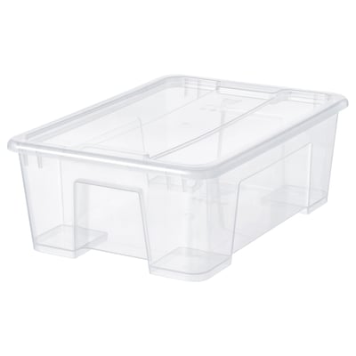 Een doorzichtige SAMLA opbergdoos gemaakt van polypropyleen plastic met een deksel en handvatten om hem gemakkelijk mee te nemen.