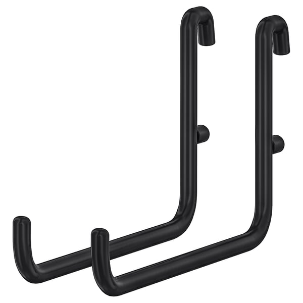 Zwarte SKÅDIS wandhaken, drie gebogen ontwerpen in gepoedercoat staal voor het organiseren van items.