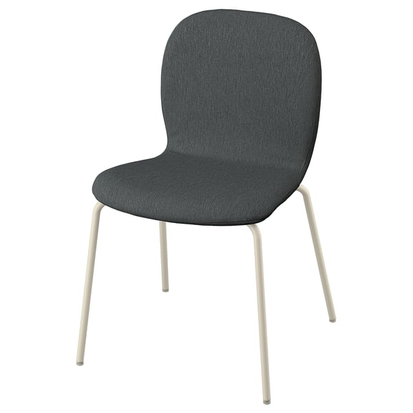 IKEA SKÅLSTA stoel, donkergrijze stof, witte poten, afgerond design.