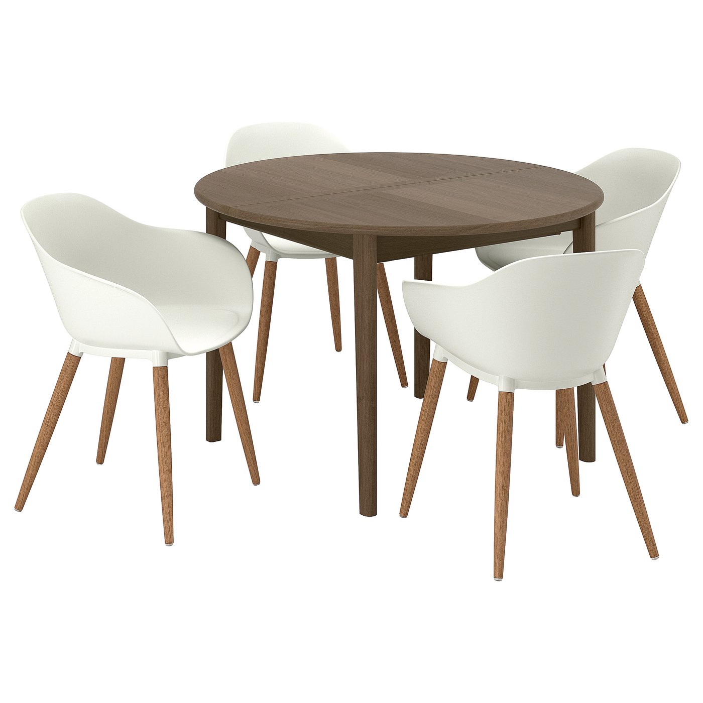 Moderne eethoek SKANSNÄS: 4 bruine ronde tafels, 4 witte stoelen, houten poten.