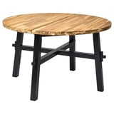 SKOGSTA ronde eettafel, houten blad, zwarte metalen poten, rustiek design, duurzame materialen.