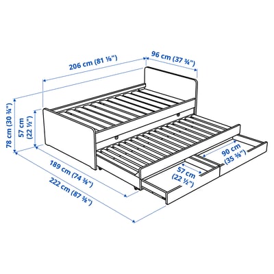 Wit SLÄKT daybed met onderschuifbed, met afgeronde hoeken. Inclusief opberglades voor beddengoed.