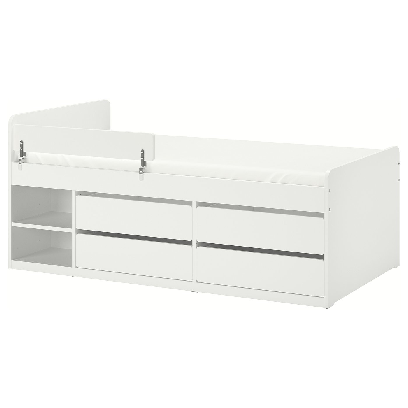 De SLÄKT witte opberglades voor tienerbedden, afgeronde hoeken en een strak ontwerp met verborgen fittingen.