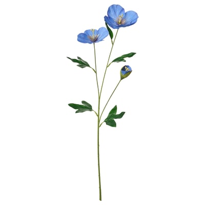 Kunstmatige blauwe bloemstengel, realistische, gerecyclede materialen, groene bladeren, drie bloemen.