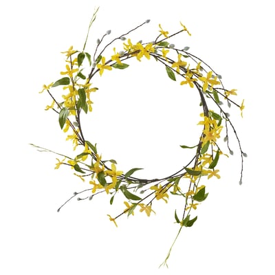 Ronde gele bloemenkrans met groene bladeren, gemaakt van gerecycled plastic.
