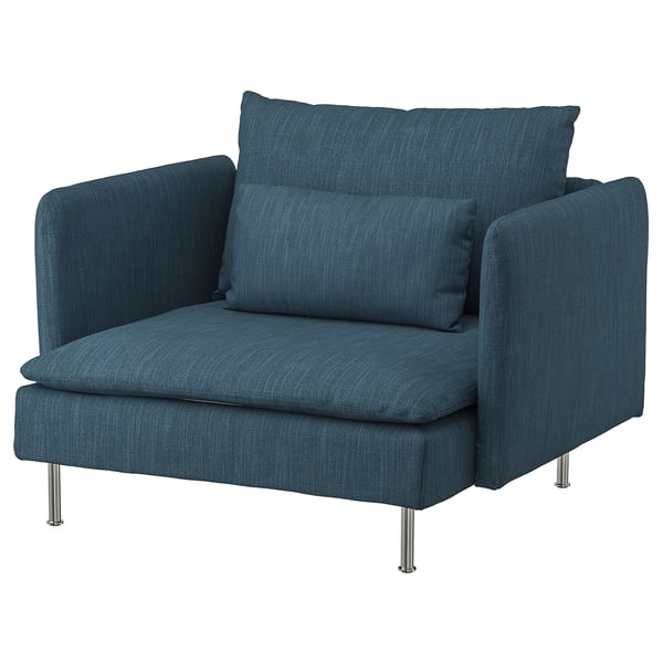 Blauwe SÖDERHAMN fauteuil, modern design, zachte stof, comfortabele, diepe zitting.