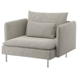 SÖDERHAMN fauteuil in grijze stof, modern design met diepe zitting en hoge metalen poten.