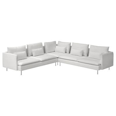 Moderne witte l-vormige bank met uitneembare kussens.