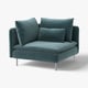Een teal-kleurige SÖDERHAMN hoeksofa met strakke metalen poten, met een modern en comfortabel ontwerp.