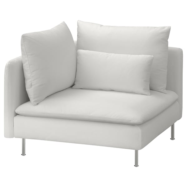 SÖDERHAMN witte stoel, modern design, zachte kussens, chromen poten.