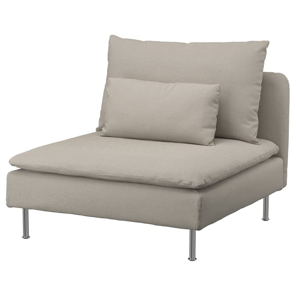 Een grijze, moderne SÖDERHAMN-stoel met een gestructureerd patroon, metalen poten en een comfortabel, afneembaar kussen.