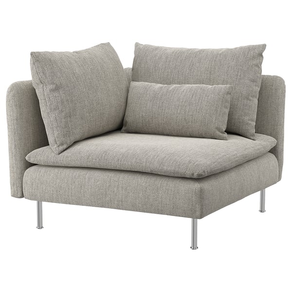 Een grijze SÖDERHAMN-fauteuil met een getextureerde, machinewasbare hoes, ontworpen voor comfort, duurzaamheid en eenvoudige reiniging.