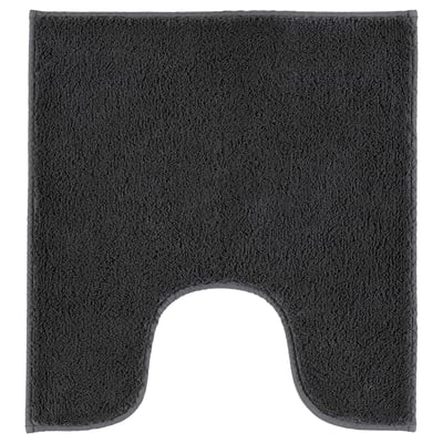 Deze afbeelding toont een donkergrijze SÖDERSJÖN badkamermat met een dikke katoenen pool, ontworpen om rond een toiletsokkel te passen.