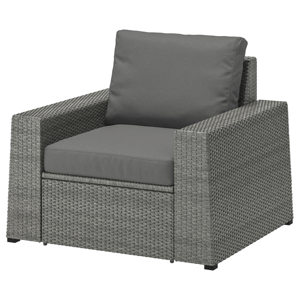 SOLLERÖN grijze tuinstoel met kussens, rieten design, modulaire zitting.