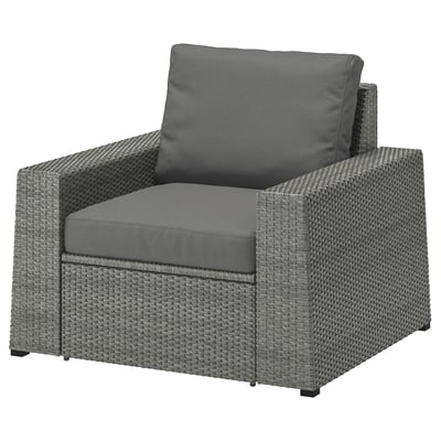 SOLLERÖN grijze tuinstoel met kussens, rieten design, modulaire zitting.