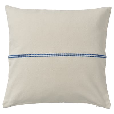 Crème vierkant kussen SOLUPPGÅNG met blauwe stiksels, katoen-jute mix, ritssluiting.