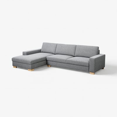 Moderne grijze L-vormige bank, SÖRVALLEN, minimalistische stijl, houten poten, 3 zitplaatsen, één chaise.