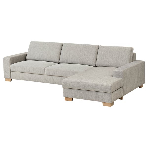 SÖRVALLEN moderne bank, grijs, l-vormig, minimalistisch design, houten poten, gerecyclede stof.