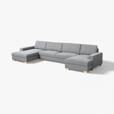 SÖRVALLEN u-vormige grijze hoekbank met houten poten, minimalistische stijl.