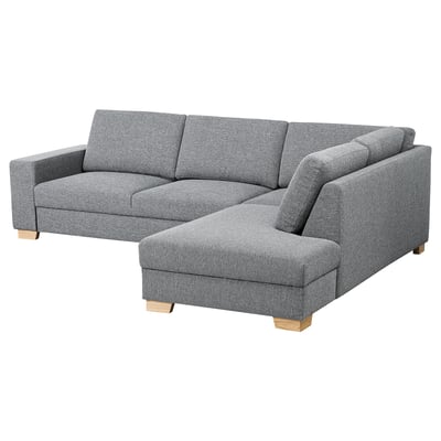 SÖRVALLEN moderne grijze bank, u-vorm met chaise lonz, scandinavisch design, stevige stof, houten poten.