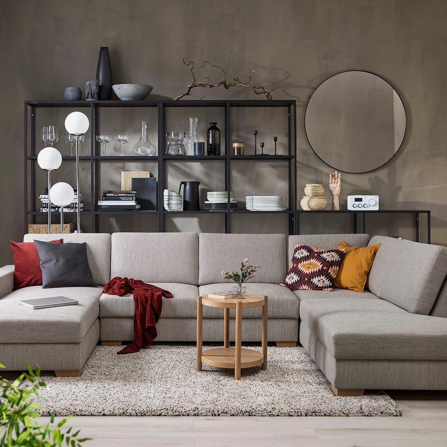 SÖRVALLEN hoekbank, 4zits, met chaise longue, links/Viarp beige/bruin