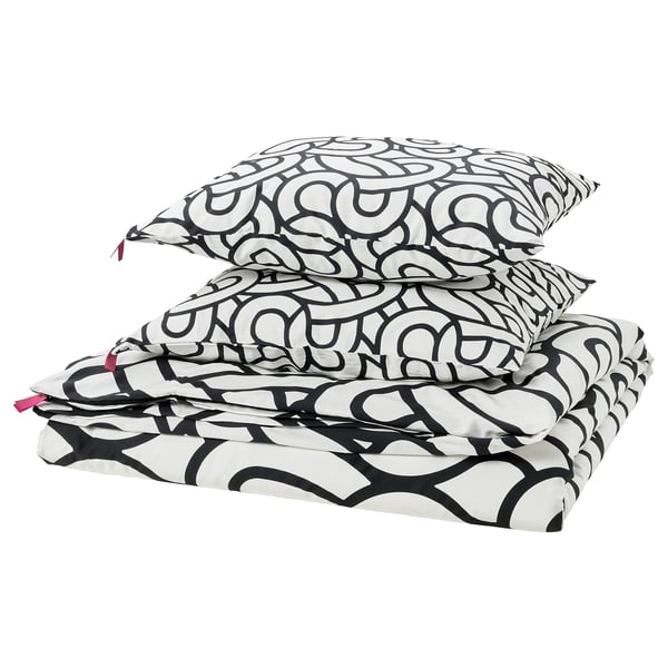 Zwart & witte swirl beddengoed set: dekbed & kussen, katoen-viscose, zijdezacht, geritst.