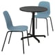 De STENSELE meubelset in het blauw. Het bestaat uit een ronde zwarte tafel met een stervormig onderstel en twee blauwe stoelen met metalen poten.