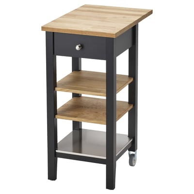 STENSTORP keukentrolley, zwart & natuurlijk hout, 3 planken, enkele lade, zwenkwielen.