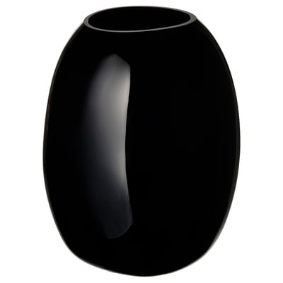Zwarte glanzende glazen vaas, lang met zachte vorm, handgemaakt, elegant.
