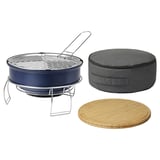Driedelige STRANDÖN draagbare bbq set met hoes en bamboe plank. Blauw, RVS, rond met inklapbare poten.