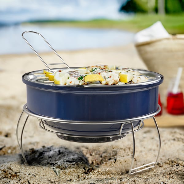 Houtskoolgrill met vis en citroen op het strand.