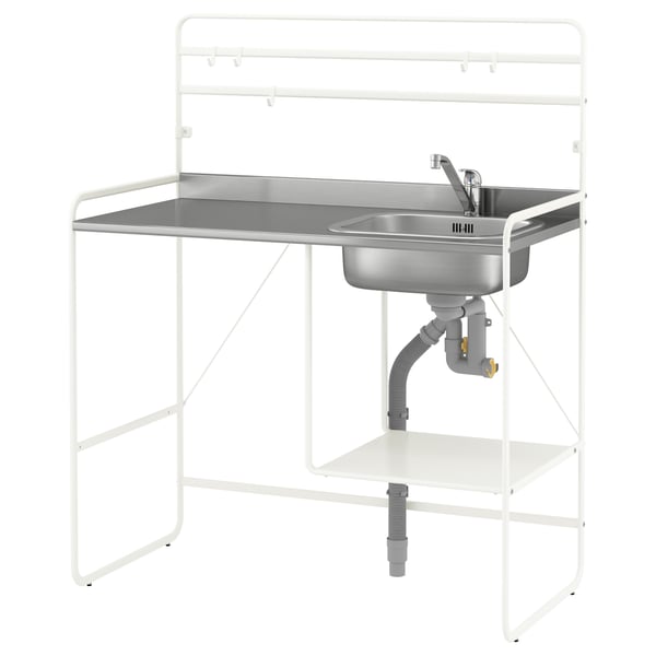SUNNERSTA mini-keuken: wit metalen frame, roestvrijstalen spoelbak, enkele kraan, verstelbare poten.