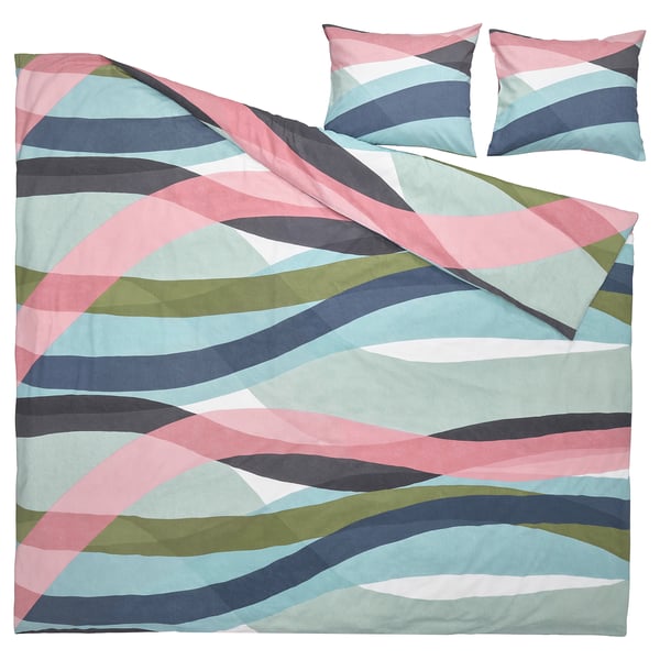 Beddengoed met golfpatroon in blauw en roze. Katoenmix met dekbed en kussenslopen.