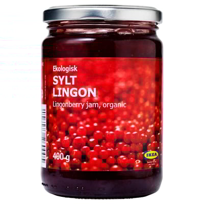 Potje SYLT LINGON biologische bosbessenjam, 400g. Fel rood etiket, ikea branding.