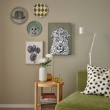 Gezellige hoek: kunst met luipaardprint, groen decor, SYMFONISK-luidspreker.